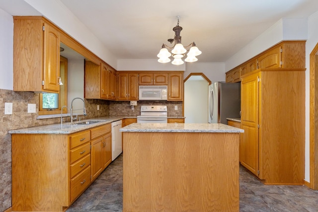 14500 Raleigh Ave, Savage, MN 55378 - kitchen featuring white appliances, a chandelier, a center island, tasteful backsplash, and light stone countertops