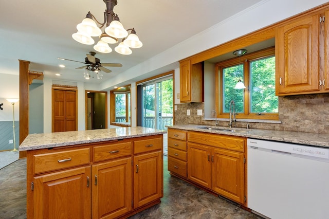 14500 Raleigh Ave, Savage, MN 55378 - kitchen with dishwasher, a chandelier, a ceiling fan, decorative backsplash, and recessed lighting