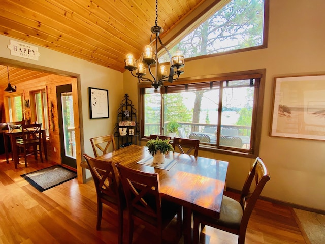 N14220 Island View Rd, Minong, WI 54859 - dining room featuring a chandelier, lofted ceiling, light wood finished floors, and wooden ceiling