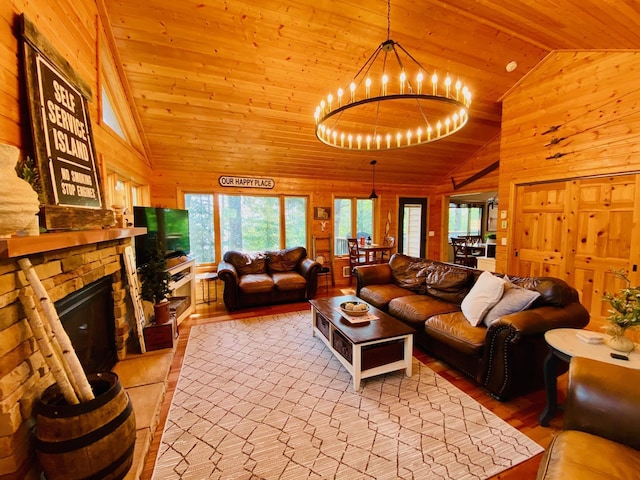 N14220 Island View Rd, Minong, WI 54859 - living area with wood ceiling, wooden walls, a chandelier, wood finished floors, and a fireplace