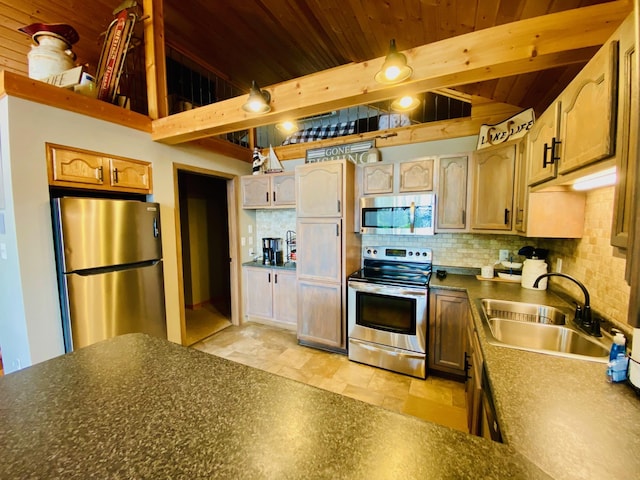 N14220 Island View Rd, Minong, WI 54859 - kitchen with stainless steel appliances, dark countertops, decorative backsplash, a wood ceiling with exposed beams, and light stone finish floors