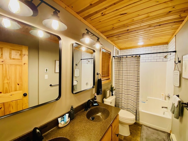 N14220 Island View Rd, Minong, WI 54859 - bathroom featuring wood ceiling, double vanity, shower / bath combo, and a baseboard heating unit