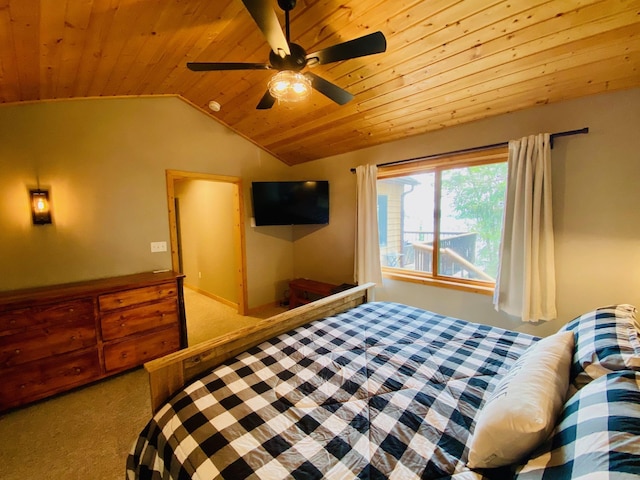 N14220 Island View Rd, Minong, WI 54859 - carpeted bedroom featuring wooden ceiling, lofted ceiling, and a ceiling fan