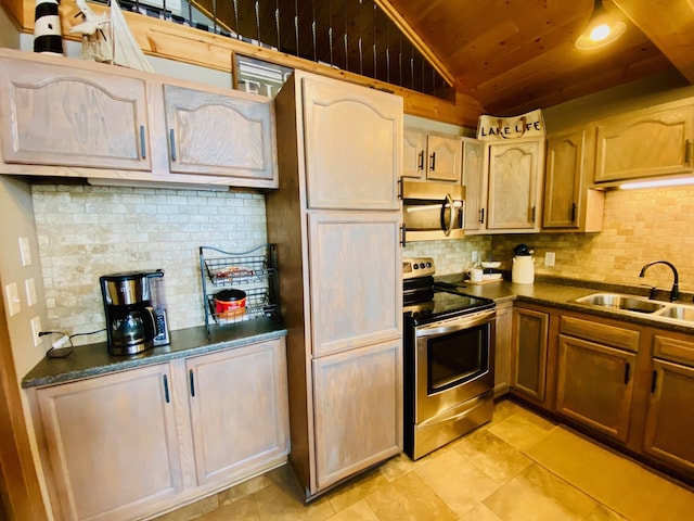 N14220 Island View Rd, Minong, WI 54859 - kitchen featuring appliances with stainless steel finishes, wood ceiling, vaulted ceiling, decorative backsplash, and dark countertops
