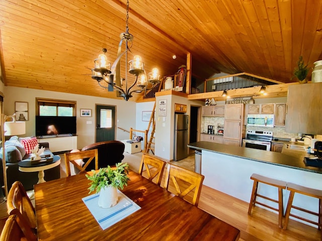 N14220 Island View Rd, Minong, WI 54859 - dining space with lofted ceiling, light wood finished floors, wooden ceiling, a chandelier, and stairway
