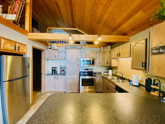 N14220 Island View Rd, Minong, WI 54859 - kitchen featuring appliances with stainless steel finishes, wood ceiling, backsplash, lofted ceiling, and dark countertops