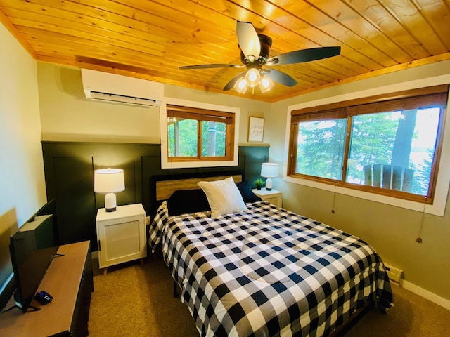 N14220 Island View Rd, Minong, WI 54859 - bedroom featuring wood ceiling, an AC wall unit, dark carpet, ceiling fan, and a baseboard radiator