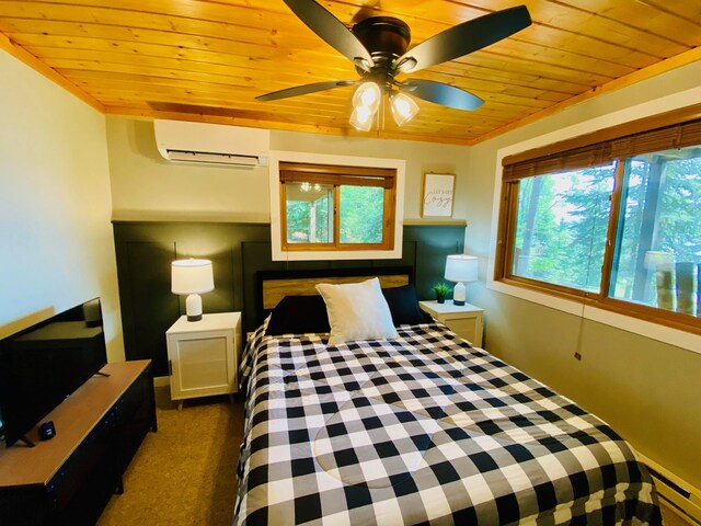 N14220 Island View Rd, Minong, WI 54859 - bedroom with a wall unit AC, wooden ceiling, dark carpet, multiple windows, and a baseboard heating unit