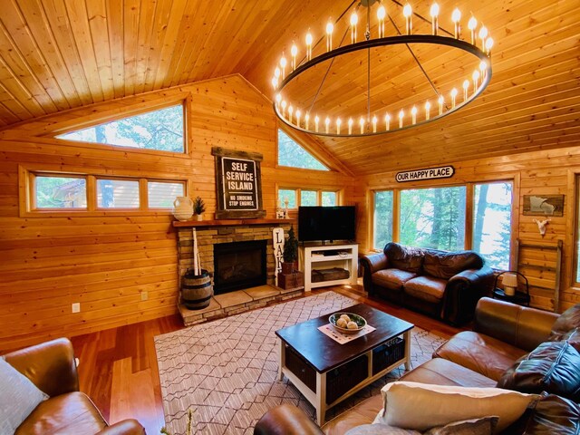 N14220 Island View Rd, Minong, WI 54859 - living area featuring wooden walls, wood finished floors, wood ceiling, a stone fireplace, and high vaulted ceiling