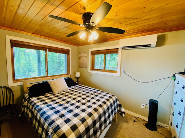 N14220 Island View Rd, Minong, WI 54859 - carpeted bedroom featuring a wall unit AC, wood ceiling, and ceiling fan