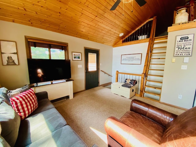N14220 Island View Rd, Minong, WI 54859 - living area featuring vaulted ceiling, wood ceiling, ceiling fan, carpet floors, and plenty of natural light