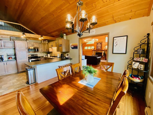 N14220 Island View Rd, Minong, WI 54859 - dining space featuring a chandelier, lofted ceiling, wooden ceiling, light wood-type flooring, and a baseboard heating unit