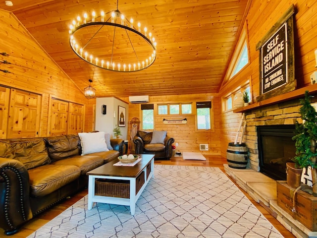N14220 Island View Rd, Minong, WI 54859 - living room featuring wooden ceiling, high vaulted ceiling, wood walls, wood finished floors, and healthy amount of natural light