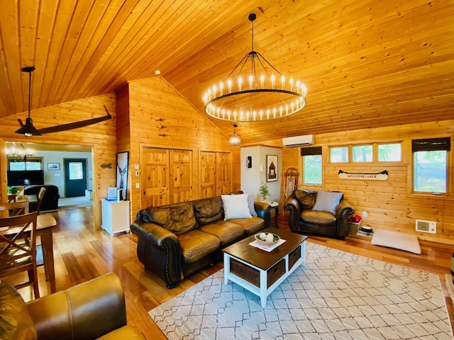 N14220 Island View Rd, Minong, WI 54859 - living area with wooden walls, wooden ceiling, wood finished floors, a chandelier, and an AC wall unit