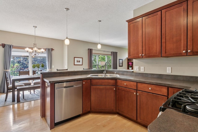 14896 Brenner Ct, Rosemount, MN 55068 - kitchen featuring dishwasher, light wood finished floors, dark countertops, a peninsula, and a chandelier