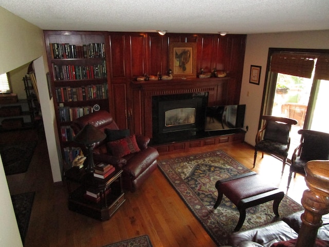 4523 Waville Rd NE, Bemidji, MN 56601 - living room featuring a glass covered fireplace, wood finished floors, and a textured ceiling