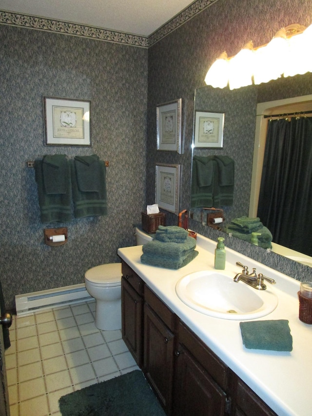 4523 Waville Rd NE, Bemidji, MN 56601 - bathroom featuring a baseboard heating unit, tile patterned flooring, vanity, wallpapered walls, and a shower with shower curtain