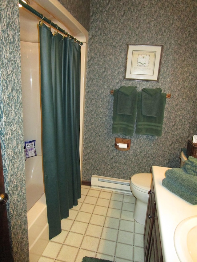 4523 Waville Rd NE, Bemidji, MN 56601 - full bath with baseboard heating, vanity, tile patterned flooring, wallpapered walls, and shower / bath combo with shower curtain