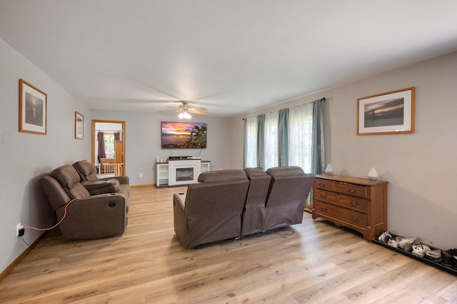 8241 120th St, Bogus Brook Twp, MN 56353 - living area with healthy amount of natural light, light wood-style floors, a ceiling fan, and a fireplace