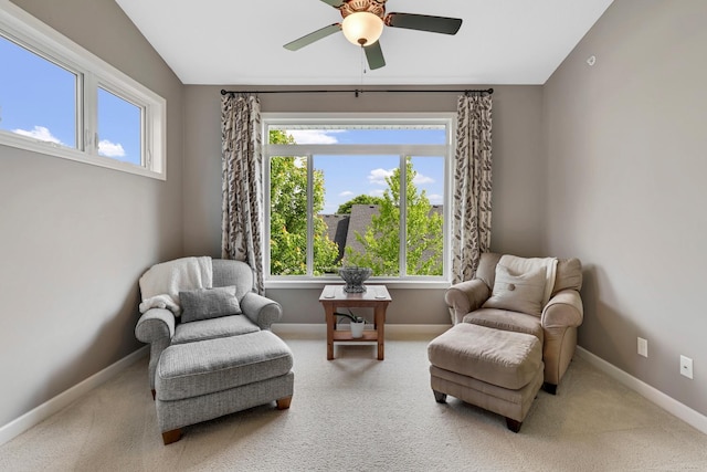 living area with a ceiling fan and carpet
