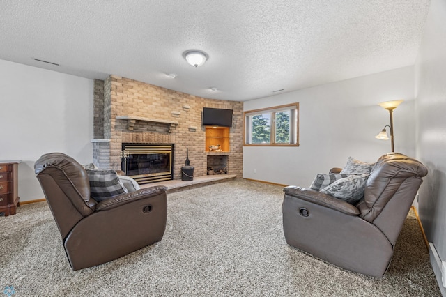 2819 33rd St S, Fargo, ND 58103 - carpeted living room featuring a brick fireplace and a textured ceiling
