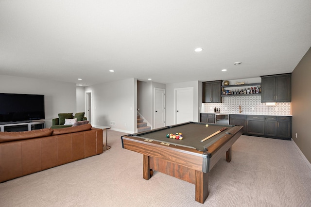 4805 Comstock Ln N, Plymouth, MN 55446 - rec room featuring bar with sink, light colored carpet, billiards, and recessed lighting