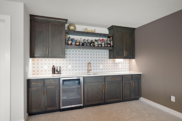 4805 Comstock Ln N, Plymouth, MN 55446 - indoor wet bar with beverage cooler, decorative backsplash, and light carpet