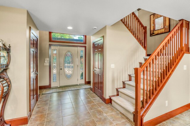 53245 Sunrise Ln, Park Rapids, MN 56470 - foyer entrance featuring stairs, light tile patterned floors, and recessed lighting