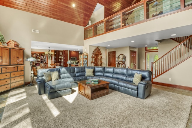 53245 Sunrise Ln, Park Rapids, MN 56470 - living room with wooden ceiling, high vaulted ceiling, carpet flooring, recessed lighting, and stairs