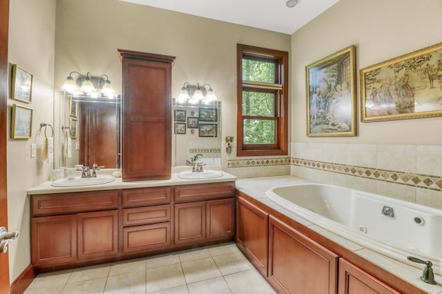 53245 Sunrise Ln, Park Rapids, MN 56470 - full bath with double vanity, a whirlpool tub, tile patterned floors, and a chandelier