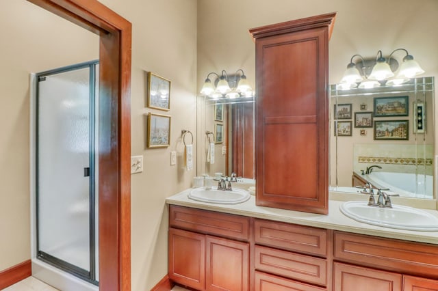 53245 Sunrise Ln, Park Rapids, MN 56470 - bathroom featuring double vanity, a shower stall, and a bath