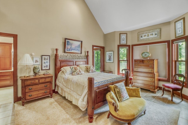 53245 Sunrise Ln, Park Rapids, MN 56470 - bedroom featuring high vaulted ceiling and light tile patterned floors
