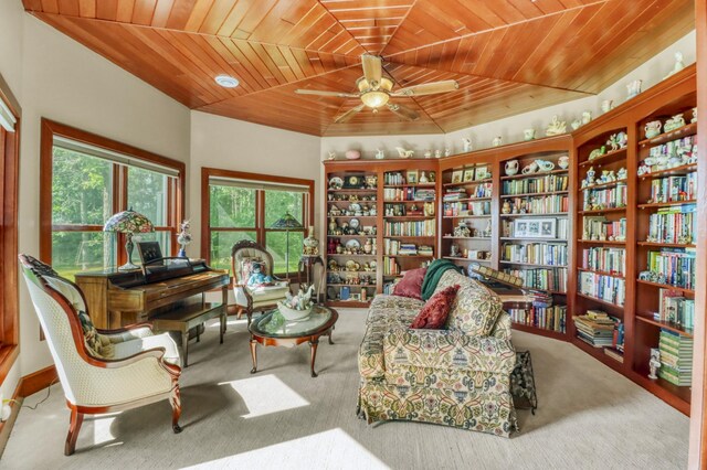 53245 Sunrise Ln, Park Rapids, MN 56470 - sitting room featuring wooden ceiling, wall of books, carpet floors, and ceiling fan