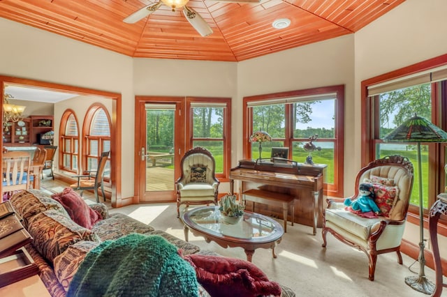53245 Sunrise Ln, Park Rapids, MN 56470 - living area featuring wooden ceiling, a ceiling fan, plenty of natural light, lofted ceiling, and a chandelier
