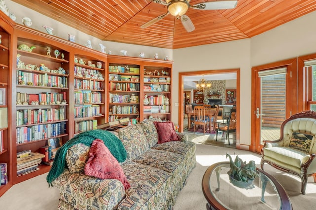 53245 Sunrise Ln, Park Rapids, MN 56470 - living area featuring wooden ceiling, carpet flooring, a ceiling fan, lofted ceiling, and a chandelier