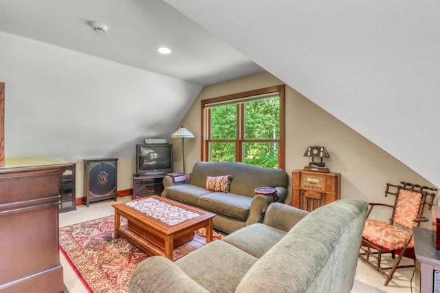 53245 Sunrise Ln, Park Rapids, MN 56470 - living area with carpet floors, lofted ceiling, and recessed lighting