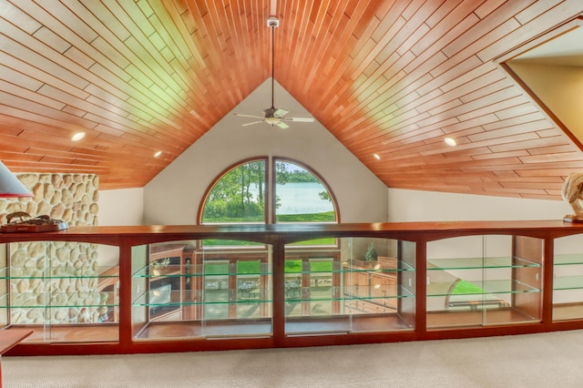 53245 Sunrise Ln, Park Rapids, MN 56470 - detailed view of carpet flooring, ceiling fan, wood ceiling, and recessed lighting