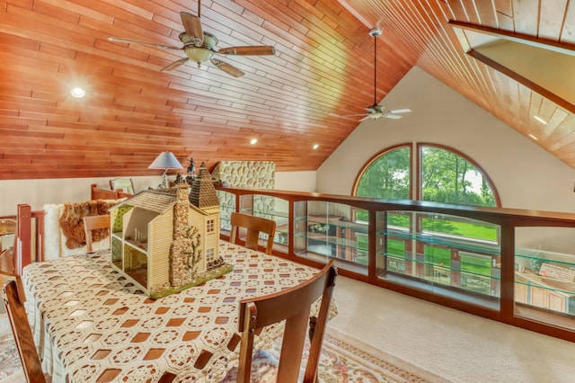 53245 Sunrise Ln, Park Rapids, MN 56470 - dining area featuring a ceiling fan, lofted ceiling, carpet, and wooden ceiling
