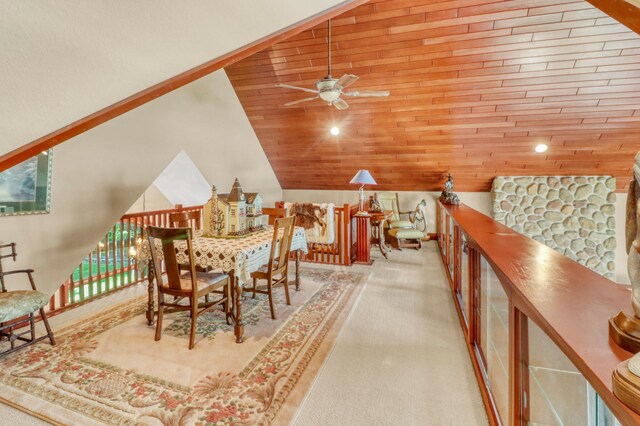 53245 Sunrise Ln, Park Rapids, MN 56470 - dining area with vaulted ceiling, carpet floors, ceiling fan, and wooden ceiling