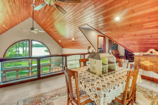 53245 Sunrise Ln, Park Rapids, MN 56470 - carpeted dining space with wood ceiling, a ceiling fan, and lofted ceiling
