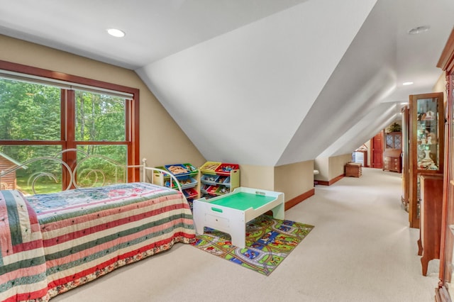 53245 Sunrise Ln, Park Rapids, MN 56470 - carpeted bedroom featuring lofted ceiling and recessed lighting