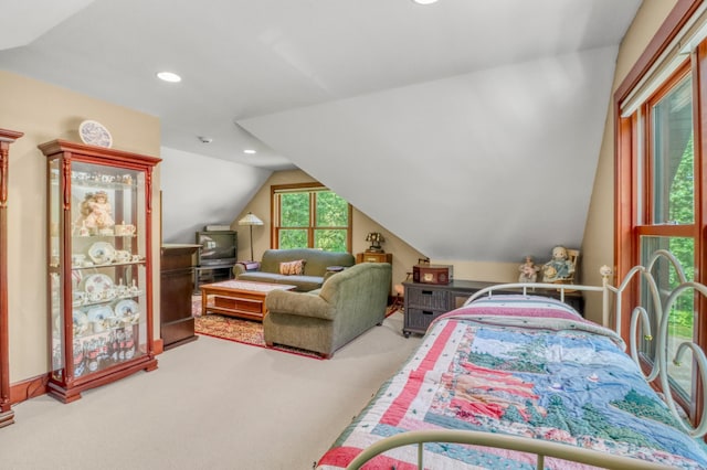 53245 Sunrise Ln, Park Rapids, MN 56470 - carpeted bedroom featuring vaulted ceiling and recessed lighting