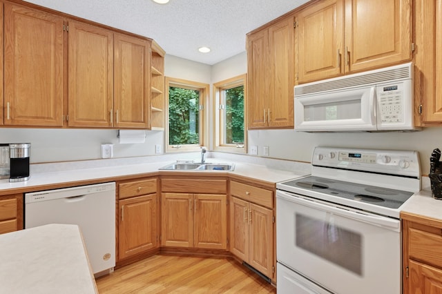 9534 Kirkwood Way N, Maple Grove, MN 55369 - kitchen with white appliances, light wood-style flooring, light countertops, recessed lighting, and open shelves