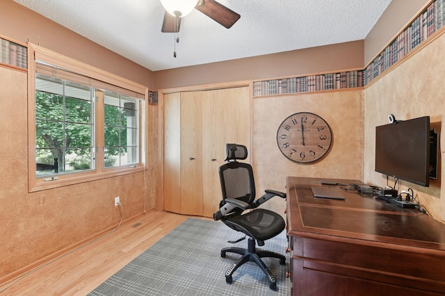 9534 Kirkwood Way N, Maple Grove, MN 55369 - office featuring wood finished floors, a ceiling fan, and a textured ceiling