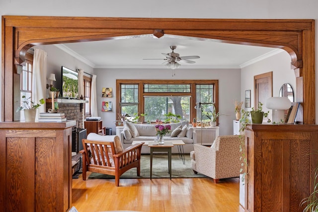 5000 Newton Ave S, Minneapolis, MN 55419 - living room featuring a ceiling fan, light wood-style flooring, and crown molding