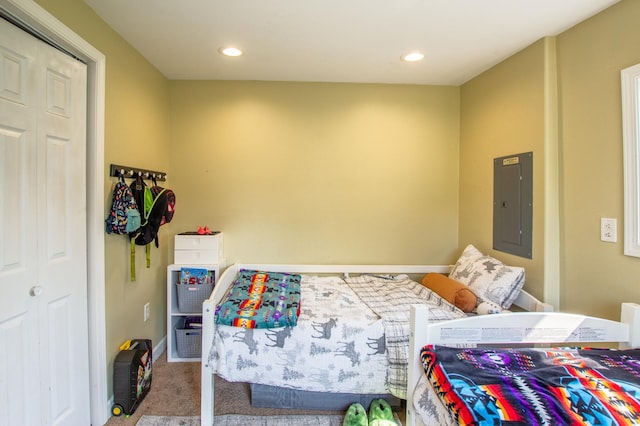 724 10th St NW, Bemidji, MN 56601 - bedroom featuring electric panel, carpet flooring, and recessed lighting