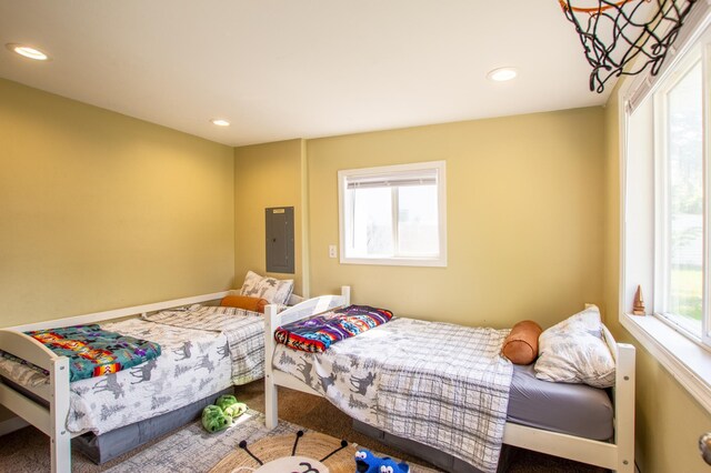 724 10th St NW, Bemidji, MN 56601 - bedroom with electric panel, multiple windows, recessed lighting, and carpet flooring