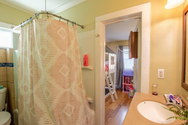 724 10th St NW, Bemidji, MN 56601 - full bathroom featuring wood finished floors, vanity, and curtained shower