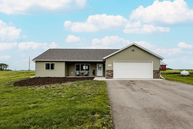 713 Prairie Wind Ave, Callaway, MN 56521 - ranch-style home with asphalt driveway, a garage, a front lawn, a porch, and stone siding