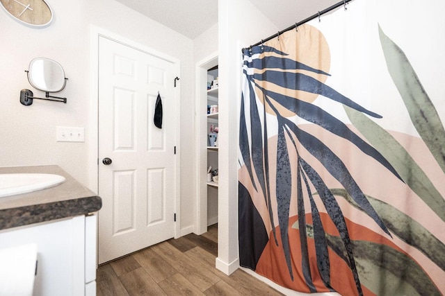 713 Prairie Wind Ave, Callaway, MN 56521 - full bathroom featuring wood finished floors, vanity, and a shower with shower curtain